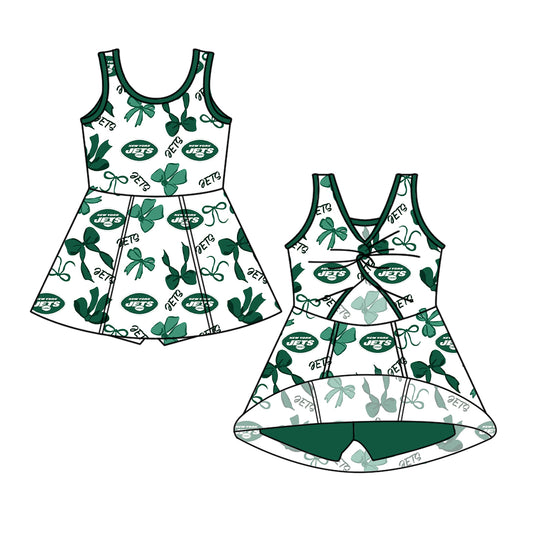 Preorder (moq 5)Baby Girls Green Sleeveless Jets Bows Plaid Short Team Knee Length Dresses