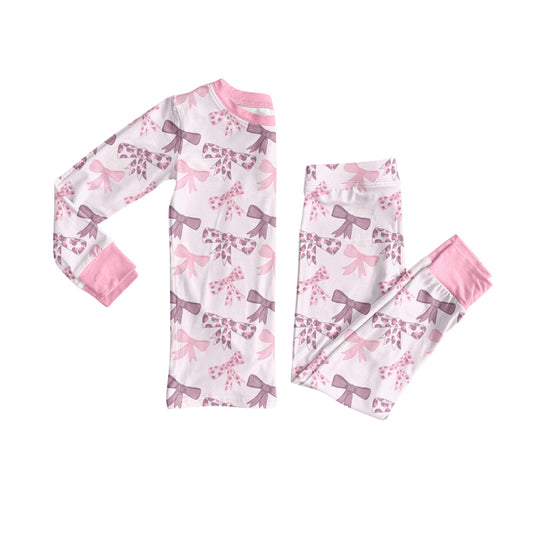 Preorder (moq 5)Baby Girls Pink Leopard Bows Plaid Top Pants Pajamas Clothes Set