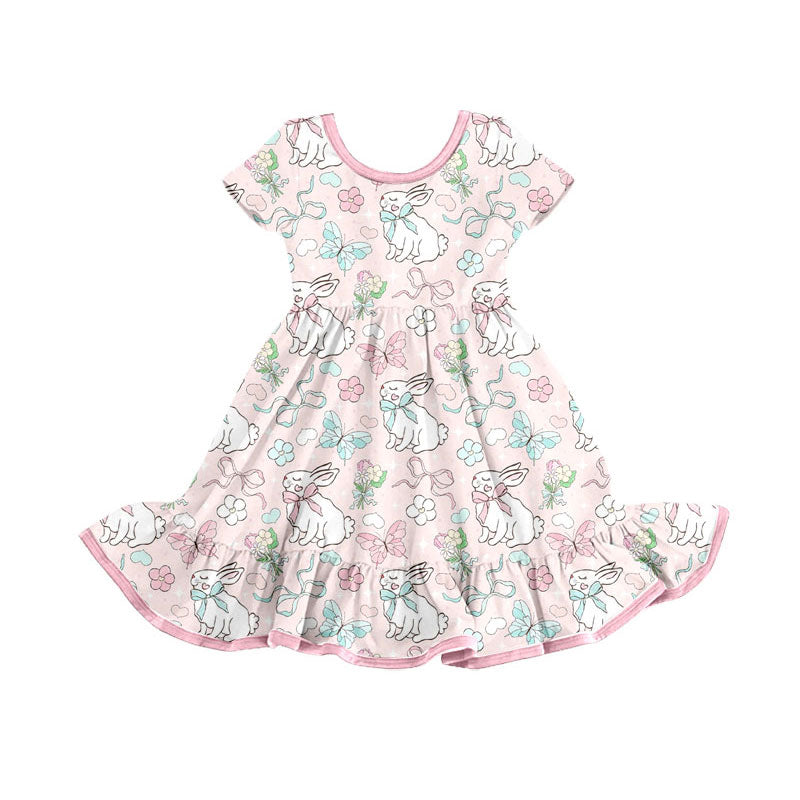 Preorder(moq 8)Baby Girls Rabbits Bows Flowers Easter Ruffle Knee Length Dresses