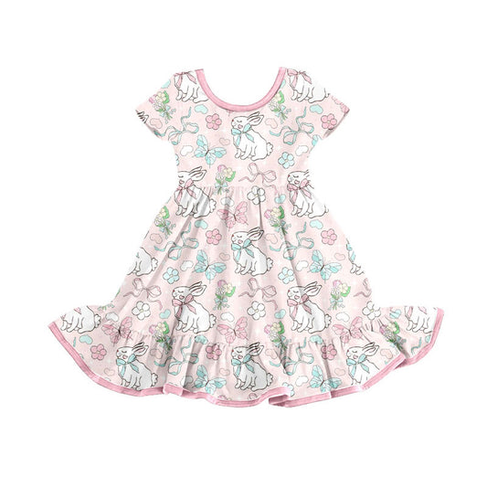 Preorder(moq 8)Baby Girls Rabbits Bows Flowers Easter Ruffle Knee Length Dresses