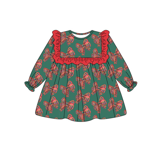Preorder (moq 5)Baby Girls Green Long Ruffle Sleeves Plaid Bows Knee Length Dresses
