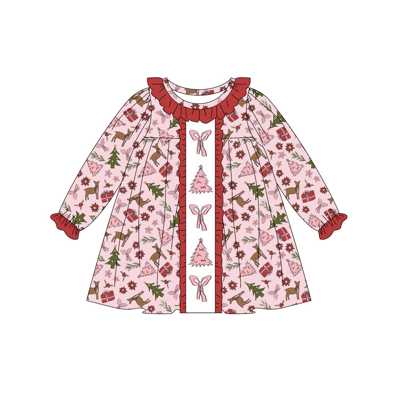 Preorder (moq 5)Baby Girls Long Ruffle Sleeves Pink Bows Trees Deer Button Knee Length Dress
