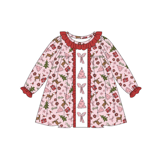 Preorder (moq 5)Baby Girls Long Ruffle Sleeves Pink Bows Trees Deer Button Knee Length Dress