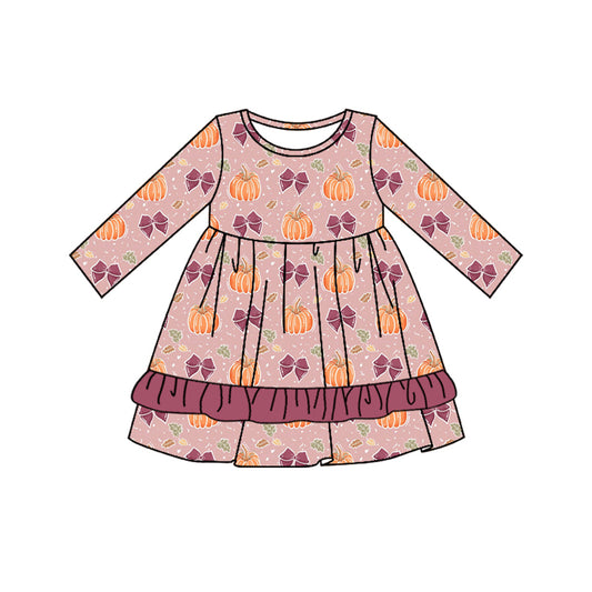 Preorder moq 5 Baby Girls Lavender Long Sleeves Bows Pumpkins Ruffle Knee Length Dresses