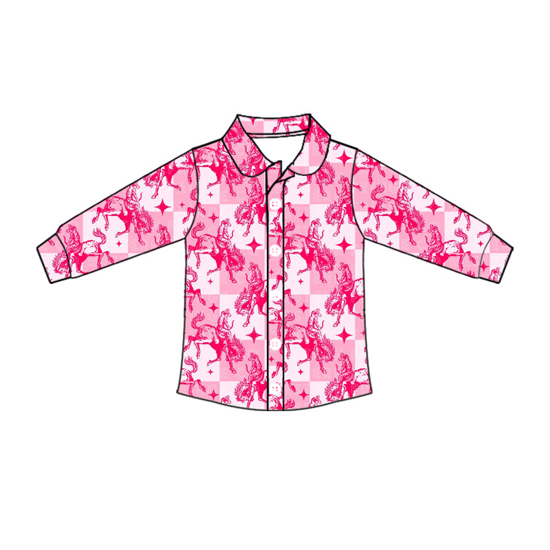 Preorder moq 10 Baby Boys Pink Plaid Long Sleeves Horse Rodeos Button Shirts Top
