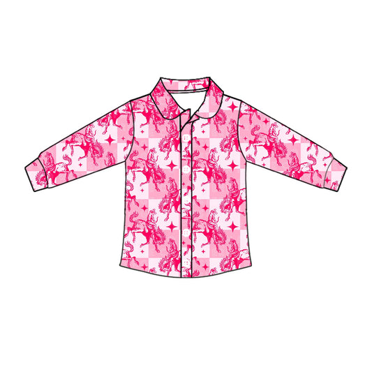 Preorder moq 10 Baby Boys Pink Plaid Long Sleeves Horse Rodeos Button Shirts Top