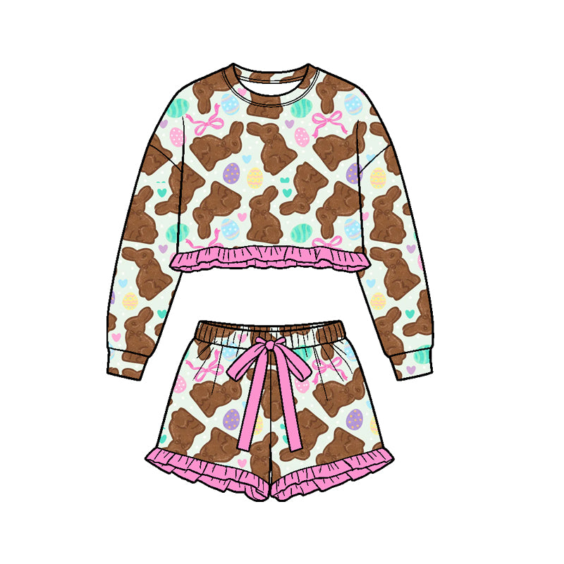 Preorder (moq 5) Girls’ Easter Chocolate Bunny Print Ruffle Top & Shorts 2-Piece Set