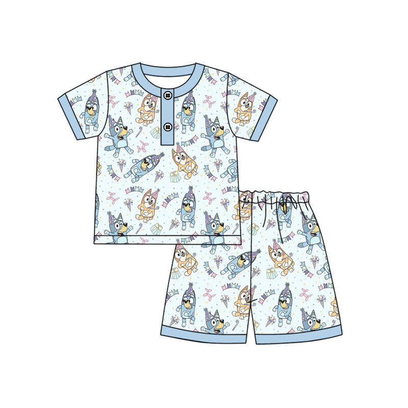 Preorder (moq 5)Baby Boys Blue Dogs Birthday Shirt Shorts Pajamas Clothes Sets