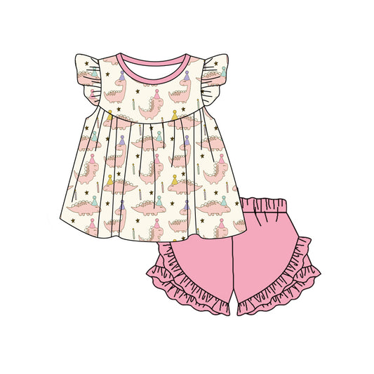 Preorder (moq 5)Baby Girls Dinosaurs Birthday Tunic Top Ruffle Shorts Clothes Sets