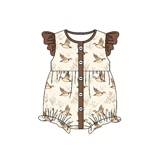 Preorder moq 5 Baby Girls Brown Flutter Sleeves Button Ducks Ruffle Rompers