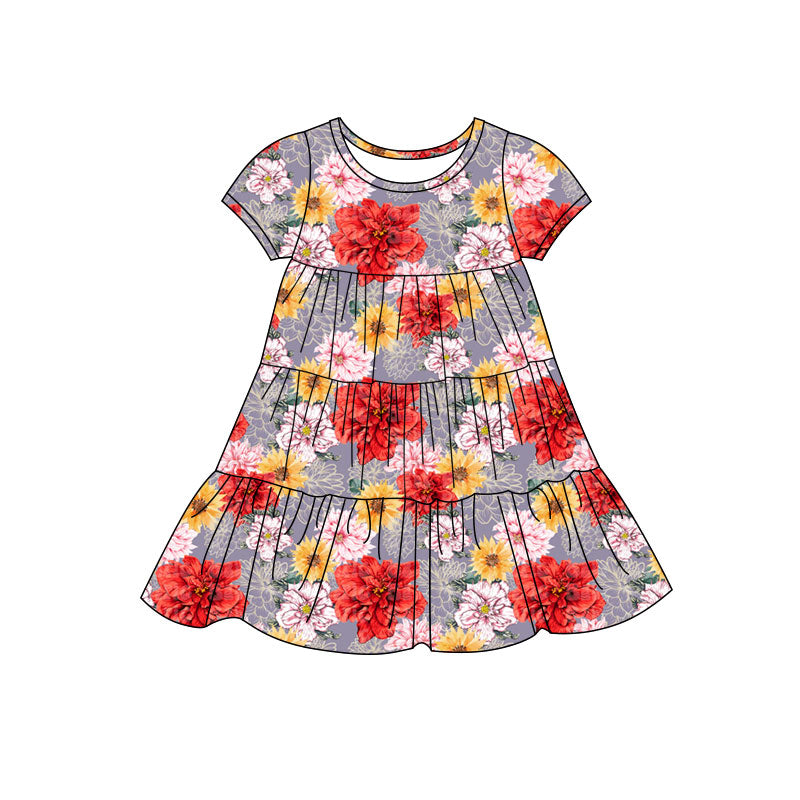Preorder(moq 5) Baby Girls Flowers Patchwork Ruffle Knee Length Dresses