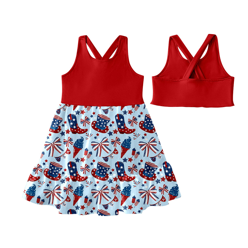 Preorder (moq 5)Baby Girls Red Sleeveless Boots Fireworks Patchwork 4th Of July Knee Length Dress