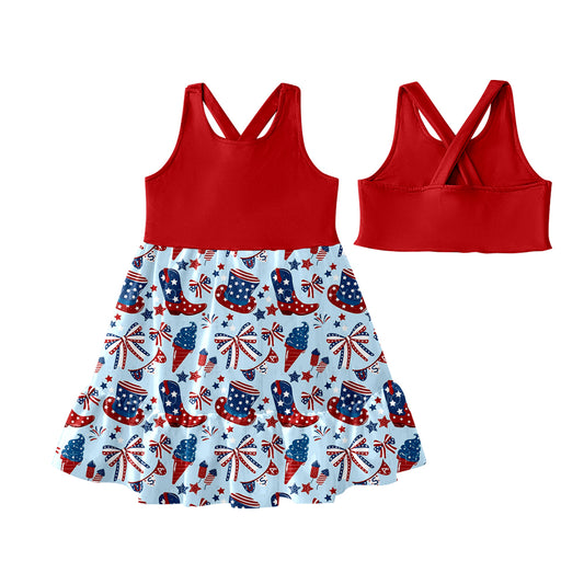 Preorder (moq 5)Baby Girls Red Sleeveless Boots Fireworks Patchwork 4th Of July Knee Length Dress