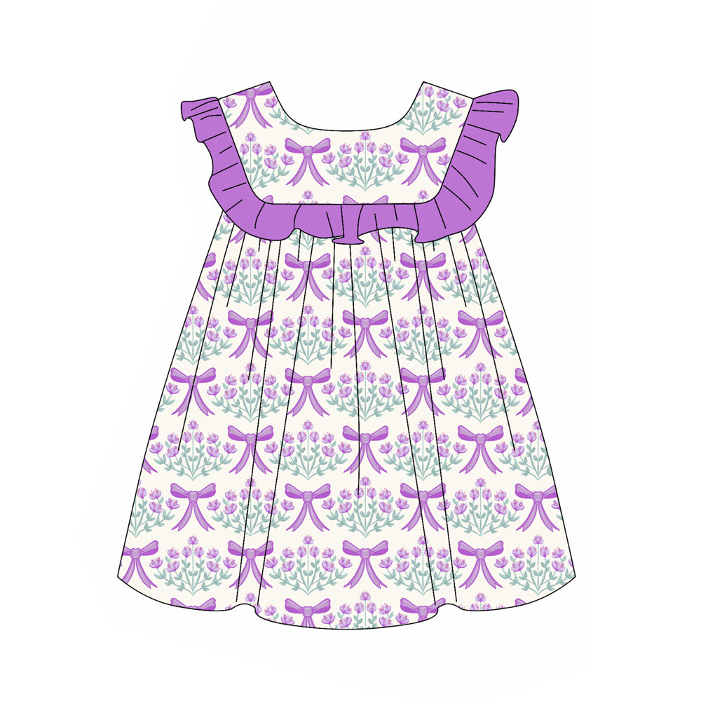 Preorder (moq 5)Baby Girls Purple Bows Flowers Knee Length Dresses