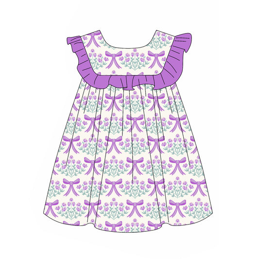 Preorder (moq 5)Baby Girls Purple Bows Flowers Knee Length Dresses