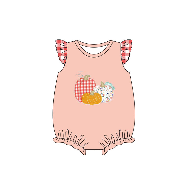 Preorder (moq 5)Baby Girls Pink Plaid Flutter Sleeves Floral Pumpkins Ruffle Rompers