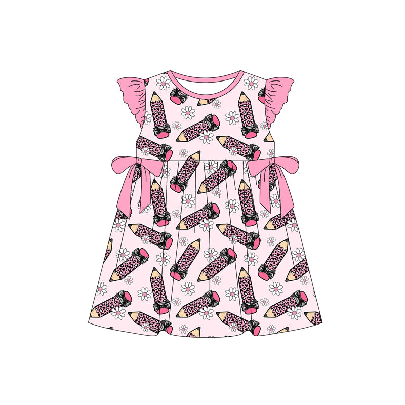 Preorder (moq 5)Baby Girls Leopard Pencil Flowers Back to School Knee Length Dresses