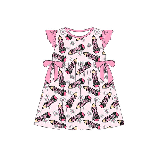 Preorder (moq 5)Baby Girls Leopard Pencil Flowers Back to School Knee Length Dresses