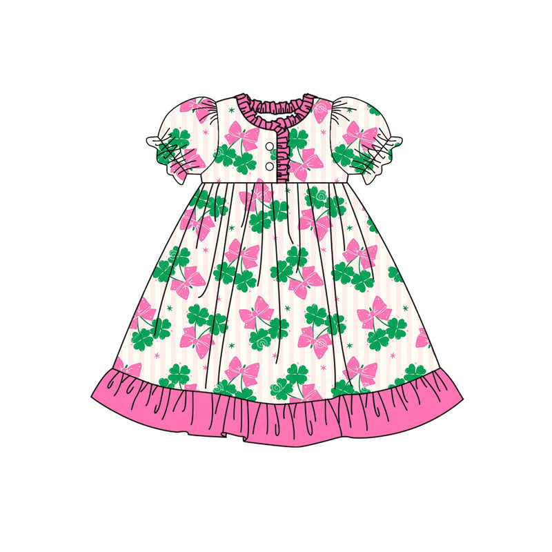 Preorder(moq 8)Baby Girls Pink Stripe Clovers Bows St Patrick Button Ruffle Knee Length Dress