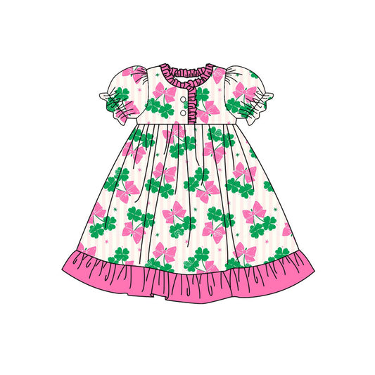 Preorder(moq 8)Baby Girls Pink Stripe Clovers Bows St Patrick Button Ruffle Knee Length Dress
