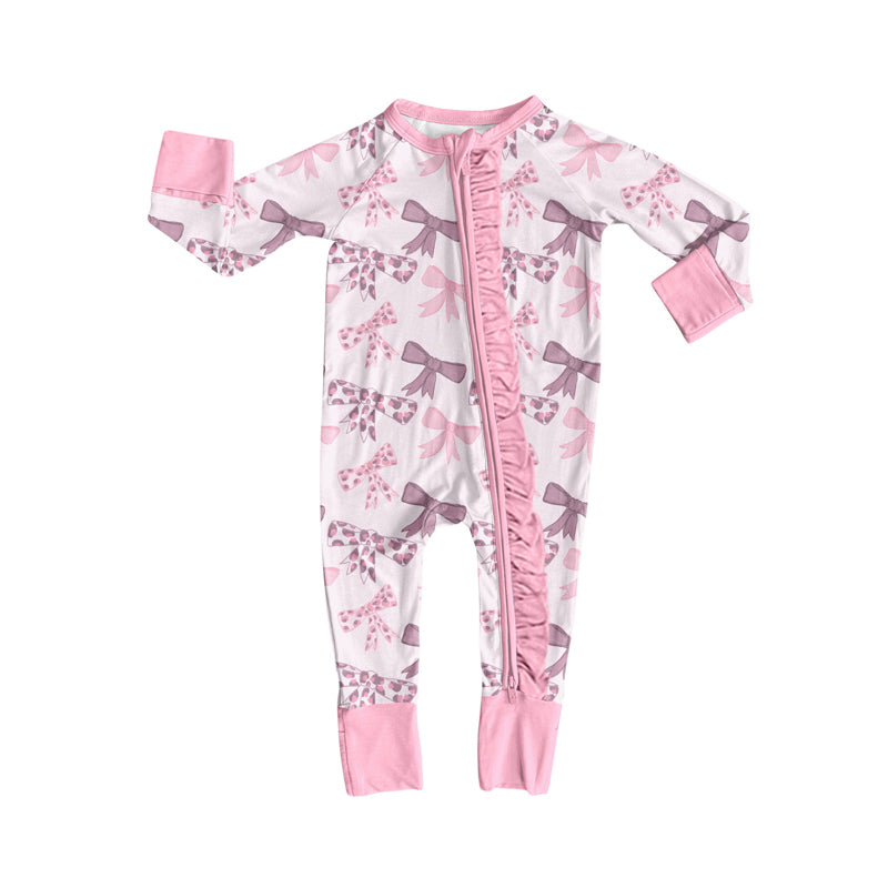 Preorder(moq 5)Baby Girls Pink Leopard Bows Ruffle Plaid Zipper Footie Rompers