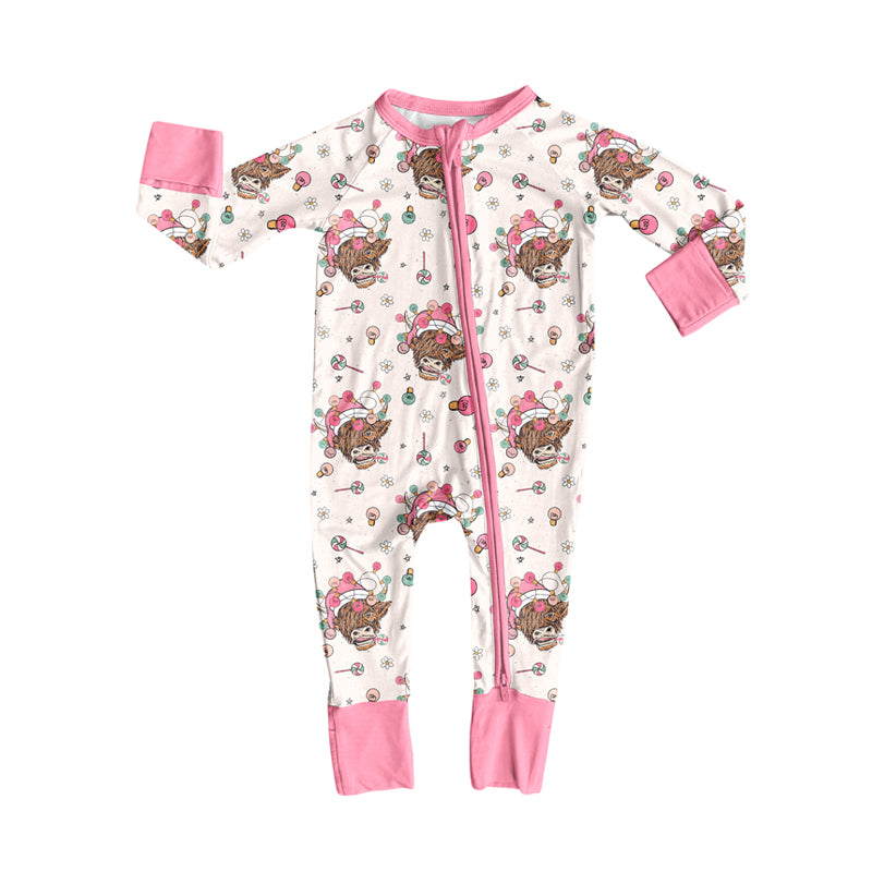 Preorder moq 5 Baby Infant Girls Long Sleeves Lights Highland Cows Plaid Zipper Romper