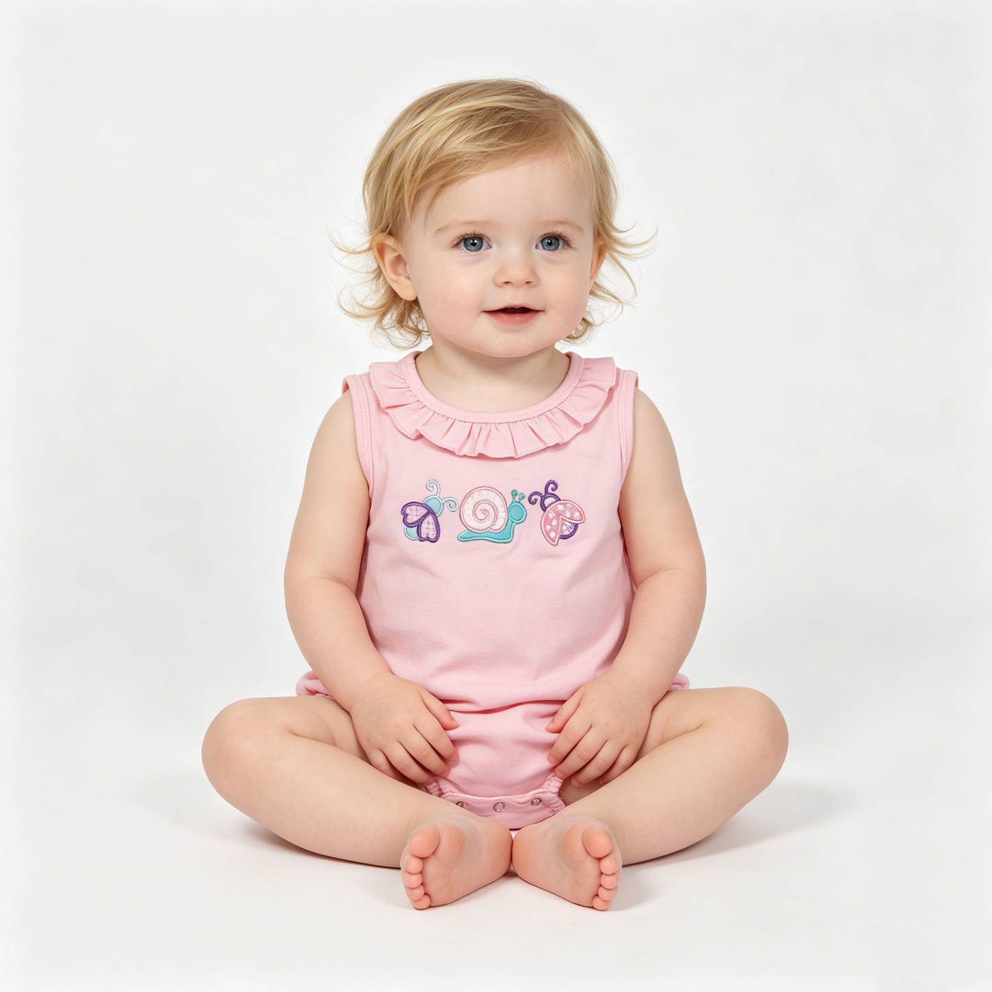 Embroidery Ladybirds Snails Baby Girls Sleeveless Ruffle Rompers
