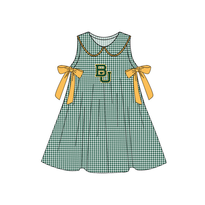 Preorder (moq 5)Baby Girls Green Plaid Sleeveless Bows BU Team Knee Length Dresses
