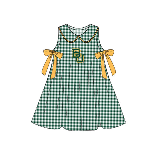 Preorder (moq 5)Baby Girls Green Plaid Sleeveless Bows BU Team Knee Length Dresses