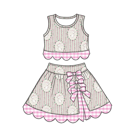 Preorder (moq 5) Baby Girl Clothes Easter Bunny Floral Oval Frame Stripe Print Sleeveless Crop Top Bow Skirt Outfit Set
