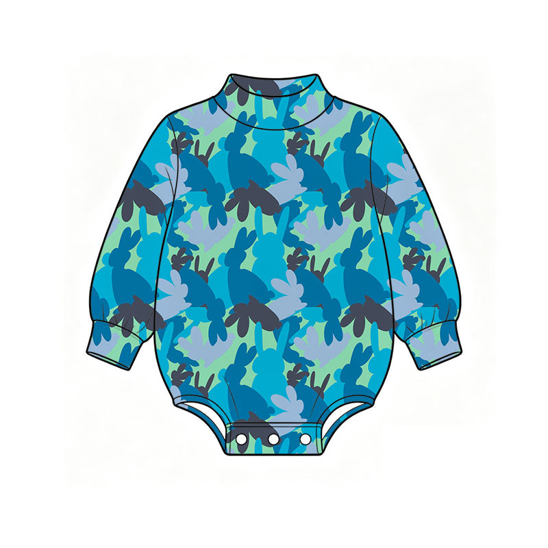 Preorder (moq 5) Baby Boy Clothes Easter Blue Camo Bunny Silhouette Mixed Print Long Sleeve Mock Neck Bubble Romper