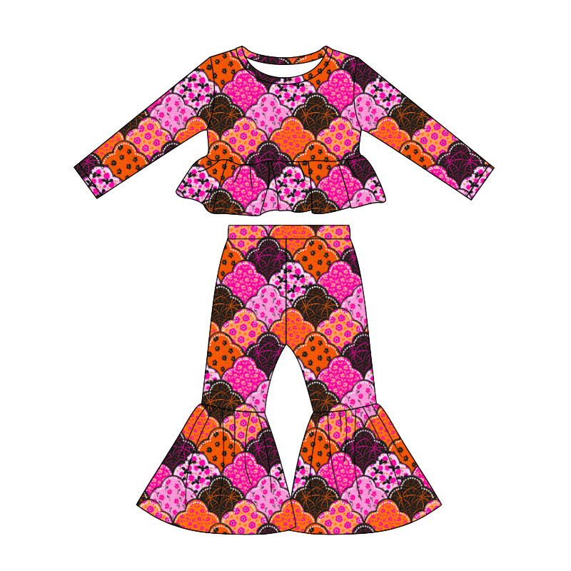 Preorder (moq 5)Baby Girls Bats Flowers Checked Tunic Bell Bottom Pants Halloween Clothes Set