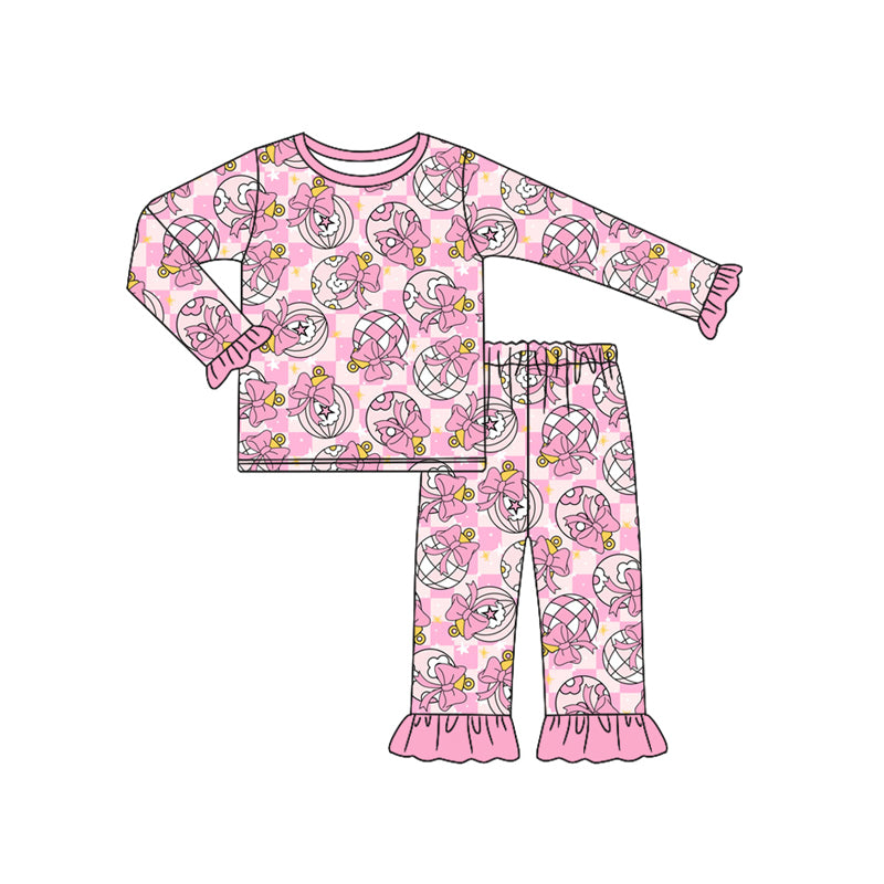 Preorder (moq 5)Baby Girls Pink Plaid Long Ruffle Sleeves Bows Balls Top Pant Pajamas Sets