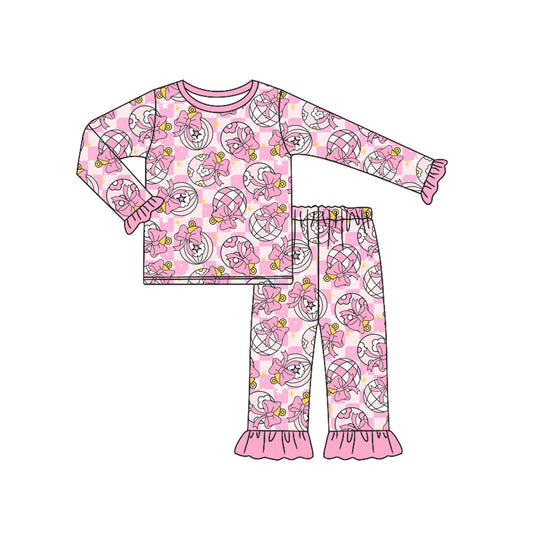 Preorder (moq 5)Baby Girls Pink Plaid Long Ruffle Sleeves Bows Balls Top Pant Pajamas Sets