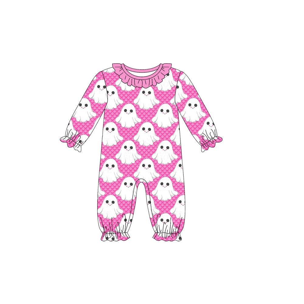Preorder (moq 5)Baby Girls Long Sleeves Pink Plaid Ghosts Ruffle Pant Romper