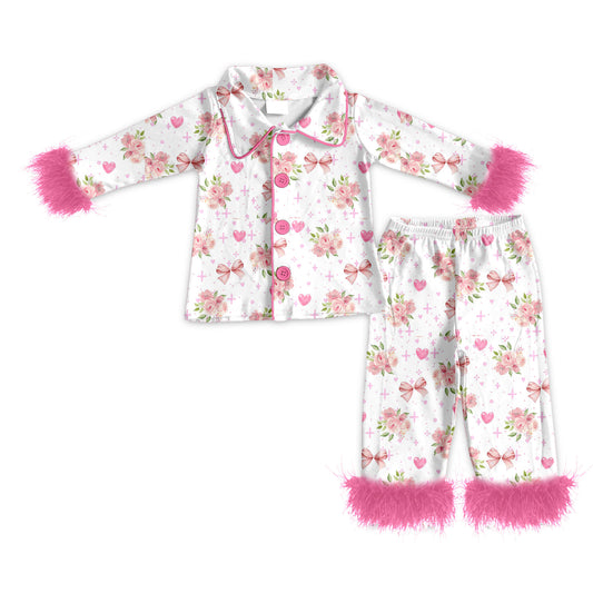 Preorder (moq 5)Baby Girls Pink Flowers Hearts Button Top Pants Valentines Fur Sleeve Pajamas Sets