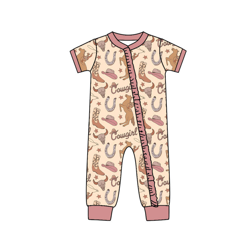 Preorder (moq 5)Baby Girls Horse Rodeos Boots Western Two Way Ruffle Zip Convertible Rompers