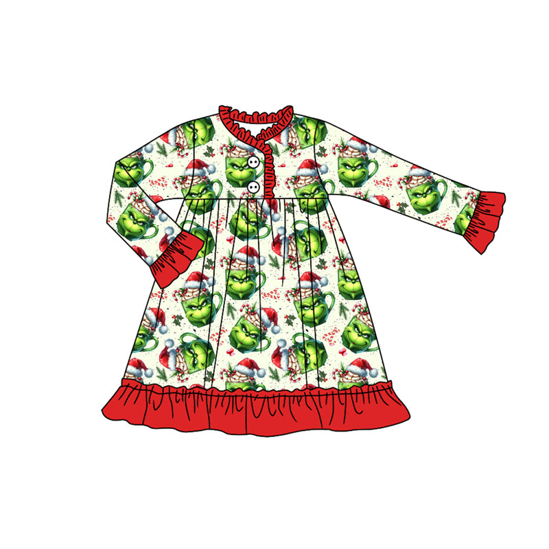 Preorder (moq 5)Baby Girls Christmas Green Face Candy Cane Button Ruffle Knee Length Dresses