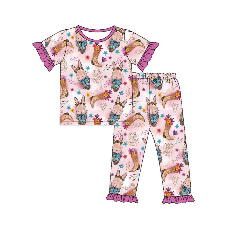Preorder(moq 8)Baby Girls Rabbits Boots Flowers Top Ruffle Pants Easter Pajamas Set