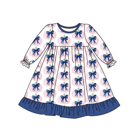Preorder (moq 5)Baby Girls Long Ruffle Sleeves Blue Bows Pumpkins Knee Length Dresses