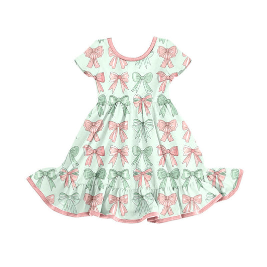 Preorder(moq 8)Baby Girls Pink Green Bows Stripe Ruffle Knee Length Dresses