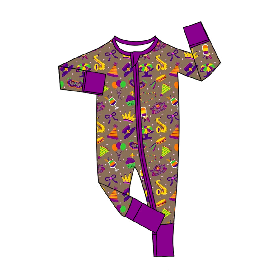 Preorder (moq 5) Baby Girl Clothes Mardi Gras Party Element Print Long Sleeve Zipper Romper Pajama