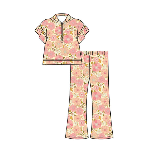 Preorder (moq 5)Baby Girls Colorful Flowers Zip Pullovers Flare Pants Clothes Sets