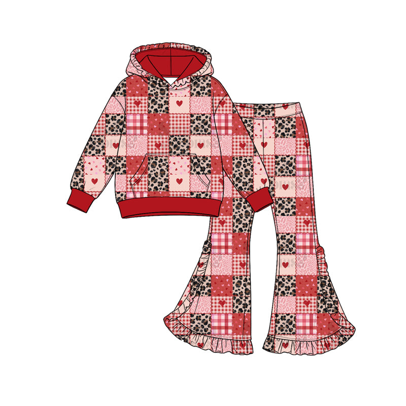 Preorder (moq 5) Girls’ Fall Red Hooded Long-Sleeve Plaid & Leopard Ruffle Flare Pants Print Set | Matching Sister & Family Outfits