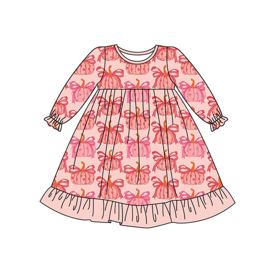 Preorder (moq 5)Baby Girls Peach Long Ruffle Sleeves Bows Pumpkins Knee Length Dresses