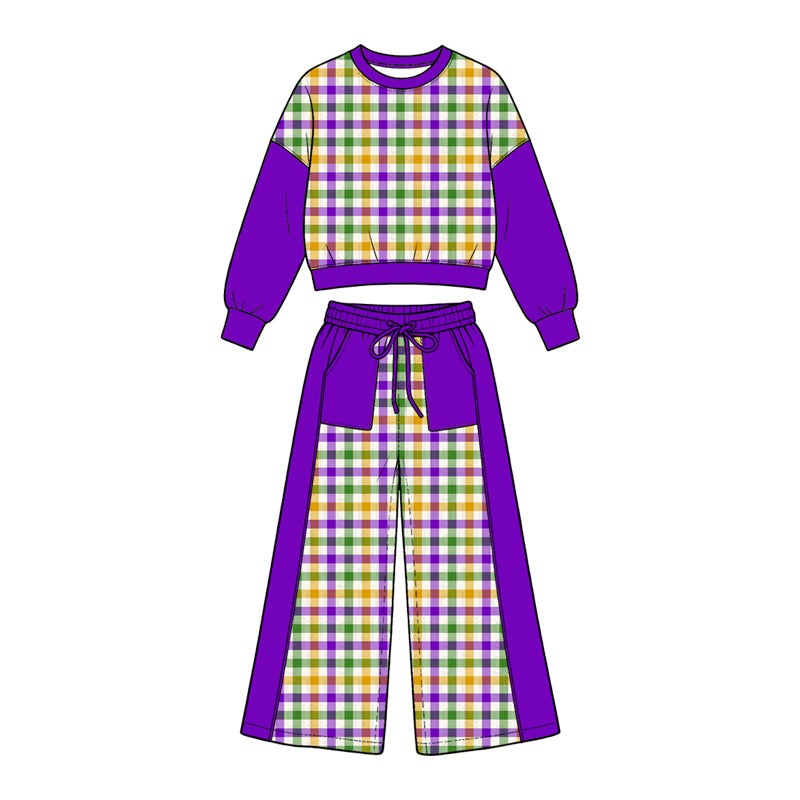 Preorder (moq5) Girl Clothes Purple White Gingham Color Block Crop Sweatshirt Wide Leg Pants Set