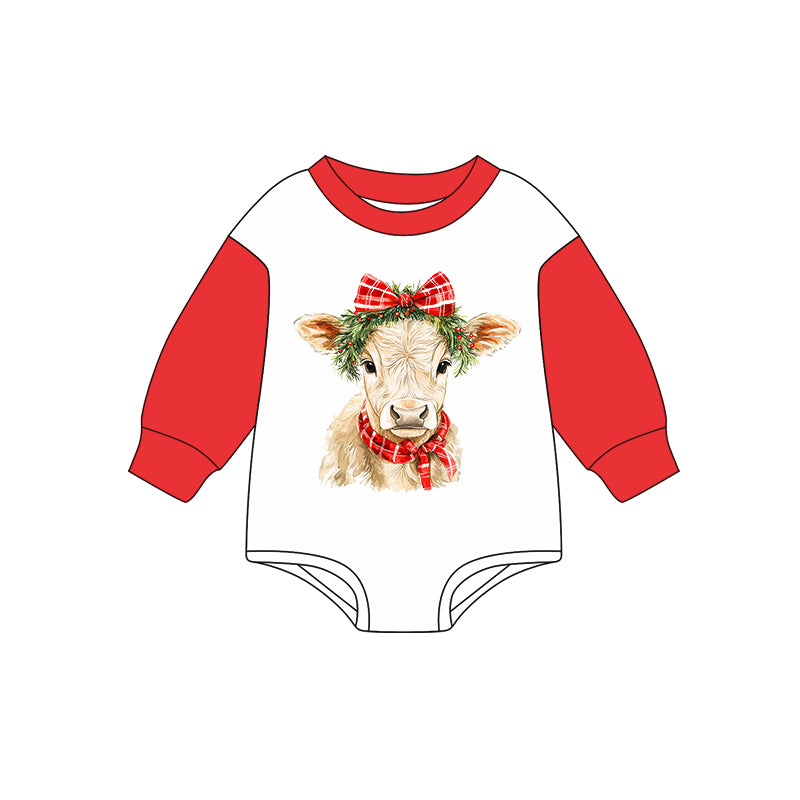 Preorder (moq 5)Baby Girls Red Long Sleeves Holly Cows Rompers