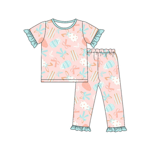 Preorder (moq 5)Baby Girls Bows Eggs Top Ruffle Pants Easter Pajamas Sets