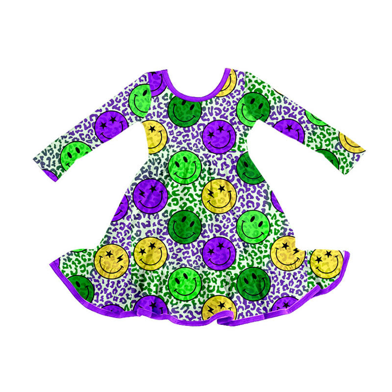 Preorder (moq 5)Baby Girls Mardi Gras Purple Yellow Green Smiles Leopard Ruffle Knee Length Dress