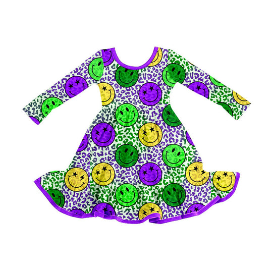 Preorder (moq 5)Baby Girls Mardi Gras Purple Yellow Green Smiles Leopard Ruffle Knee Length Dress